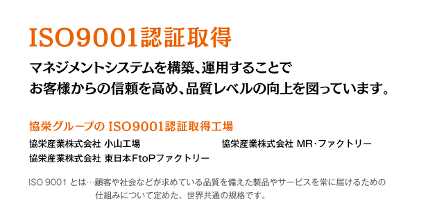 ISO9001認証取得。マネジメントシステムを構築、運用することで、お客様からの信頼を高め、品質レベルの向上を図っています。